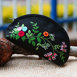 Черный Набор для вышивки косметички в форме луны с цветочным узором своими руками, включая иглы для вышивания и нитки, хлопчатобумажная льняная ткань, чёрные, 120x170x80 мм
