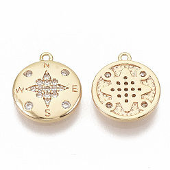 Real 18K Gold Plated Brass Micro Pave Cubic Zirconia Charms, Nickel Free, Real 18K Gold Plated, Compass, Clear, 12.5x11x1.5mm, Hole: 0.9mm