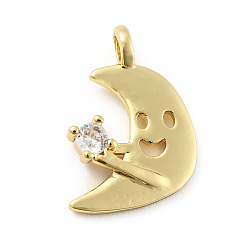 Golden Moon with Smiling Face Brass Micro Pave Clear Cubic Zirconia Pendants, Cadmium Free & Lead Free, Golden, 17x13x2.5mm, Hole: 1.6mm