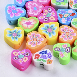 Mixed Color Handmade Polymer Clay Beads, Heart, Mixed Color, 9~11x10~11x4~5mm, Hole: 2mm