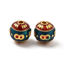Blue Alloy Beads, with Enamel, Round with Coins, Golden, Blue, 9mm, Hole: 1.8mm