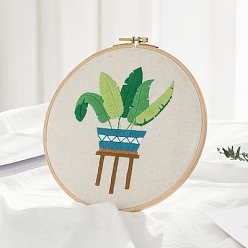 Light Green Banana Leaf Pattern DIY Embroidery Beginner Kit, including Embroidery Needles & Thread, Cotton Linen Fabric, Light Green, 27x27cm