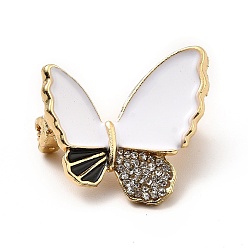 Blanc Épingle papillon en émail avec strass, broche en alliage doré pour vêtements de sac à dos, sans cadmium et sans plomb, blanc, 22.5x24x4mm, pin: 0.7 mm