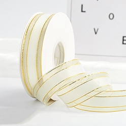 Beige Polyester Organza Ribbons with Gold Edge, Garment Accessories, Gift Wrapping Ribbon, Beige, 1 inch(25mm), about 49.21 Yards(45m)/Roll