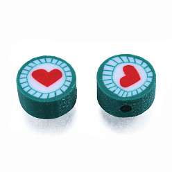 Teal Handmade Polymer Clay Beads, Flat Round with Heart, Teal, 9.5~10x4.5~5mm, Hole: 1.6mm