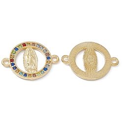 Light Gold Religion Alloy Connector Charms, with Colorful Rhinestone, Flat Round Links with Virgin Pattern, Light Gold, 18x24x2mm, Hole: 1.8mm