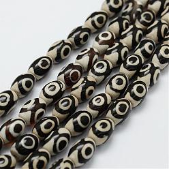 Noir Style tibétain 3 -eye dzi brins de perles, perles en agate naturelles, teints et chauffée, baril, noir, 12x8mm, Trou: 2mm, Environ 30 pcs/chapelet, 13.9 pouces (355 mm)
