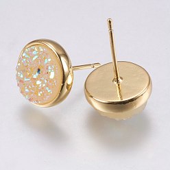 Beige Druzy Resin Earrings, with Brass Finding, Flat Round, Beige, 9.5x16~16.5mm, Pin: 0.8mm