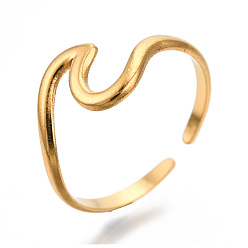 Chapado en Oro Real 18K Chapado iónico (ip) 304 anillos de puño de acero inoxidable con forma de ola marina, anillos abiertos para mujeres niñas, real 18 k chapado en oro, tamaño de EE. UU. 7 (17.9 mm)