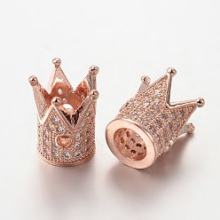 Rose Gold Brass Micro Pave Cubic Zirconia Beads, Crown, Lead Free & Nickel Free, Rose Gold, 12x9mm, Hole: 1mm and 5mm