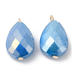 Cornflower Blue Imitation Jade Glass Pendants, with Golden Brass Loops, Faceted, Teardrop Charms, Cornflower Blue, 22~23x13x7.5~9mm, Hole: 1.5~2mm