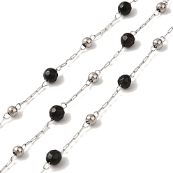 Stainless Steel Color Natural Black Agate Round Beaded Chains, with 304 Stainless Steel Cable Chains, Soldered, with Spool, Stainless Steel Color, 2x0.8x0.1mm, 4mm, 3x2.5mm