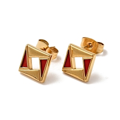 FireBrick Ion Plating(IP) Rhombus 304 Stainless Steel Stud Enamel Earrings, with 316 Surgical Stainless Steel Pin, Golden, FireBrick, 8x8mm, Pin: 0.7mm