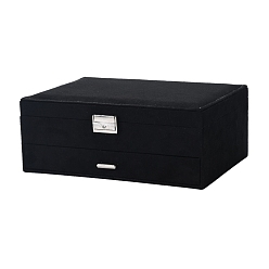 Black Velvet & Wood Jewelry Boxes, Portable Jewelry Storage Case, with Alloy Lock, for Ring Earrings Necklace, Rectangle, Black, 27.3x19.5x10.3cm