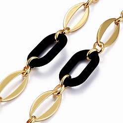 Black Handmade Brass Oval Link Chains, with Acrylic Linking Rings, Unwelded, Real 18K Gold Plated, Black, Link: 8.5x6.5x2mm and 24x12x2mm, Acrylic: 27.5x16.5x4.5mm. 