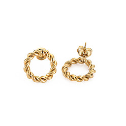 Chapado en Oro Real de 14K Chapado en iones (ip) 304 aretes de anillo de cuerda torcida de acero inoxidable para mujer, real 14 k chapado en oro, 16 mm, pin: 0.7 mm