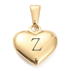 Letter Z 304 Stainless Steel Pendants, Heart with Black Letter, Golden, Letter.Z, 16x16x4.5mm, Hole: 7x3mm