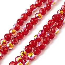 Rouge Transparentes perles de verre de galvanoplastie brins, à facettes (96 facettes), ronde, de couleur plaquée ab , rouge, 7.5~8x7mm, Trou: 1.2mm, Environ 70~72 pcs/chapelet, 20.08~20.47 pouce (51~52 cm)
