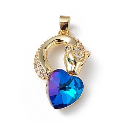 Dodger Blue Real 18K Gold Plated Rack Plating Brass Micro Pave Clear Cubic Zirconia Pendants, with Glass, Long-Lasting Plated, Cadmium Free & Lead Free, Leopard with Heart Charm, Dodger Blue, 28.5x17.5x8mm, Hole: 5x3.2mm