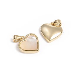 White Shell Natural White Shell Mother of Pearl Shell Charms, with Golden Plated Brass Findings, Long-Lasting Plated, Heart, 12x12x3mm, Hole: 3x2.5mm