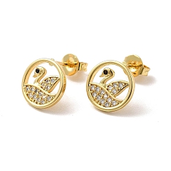 Real 18K Gold Plated Cubic Zirconia Hollow Out Swan Stud Earrings, Rack Plating Brass Jewelry for Women, Cadmium Free & Lead Free, Real 18K Gold Plated, 10mm, Pin: 0.7mm