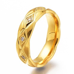 Oro 304 anillos de dedo del acero inoxidable, con un claro zirconia cúbico, textura, rombo, dorado, tamaño de EE. UU. 6~9, diámetro interior: 16~19 mm