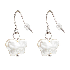 Blanc Boucles d'oreilles pendantes papillon en perles de plastique, 304 bijoux en acier inoxydable pour femmes, blanc, 27mm, pin: 0.6 mm