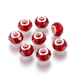 Rojo Oscuro Granos europeos cristal hechos a mano, abalorios de grande agujero, núcleo de latón en color plata, de color rojo oscuro, 14x8 mm, agujero: 5 mm