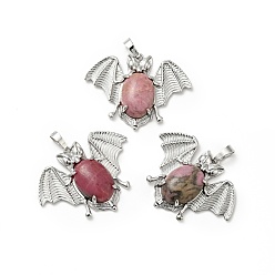Rhodonite Natural Rhodonite Pendants, with Platinum Tone Brass Findings, Lead Free & Cadmium Free, Bat Charms, 32x43x8mm, Hole: 5x8mm