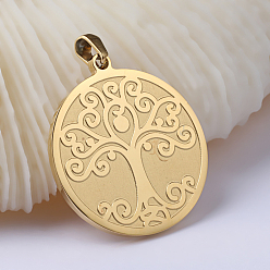 Golden Flat Round with Tree of Life Ion Plating(IP) 304 Stainless Steel Pendants, Golden, 33x29.8x2mm, Hole: 3x7mm