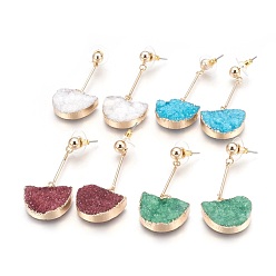 Mixed Color Natural Druzy Quartz Dangle Stud Earrings, with Golden Tone Brass Findings, Half Round, Mixed Color, 56mm, Pin: 0.7mm