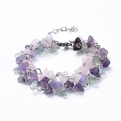 Rose Quartz Chip Natural Mixed Stone Multi-strand Bracelets, with 304 Stainless Steel Findings, 7-1/8 inch(18cm)