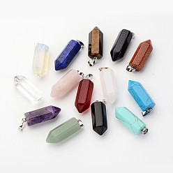 Mixed Stone Brass Natural & Synthetic Mixed Stone Pendants, Bullet, Platinum, Pointed Pendant, 33~36x12mm, Hole: 5x7mm