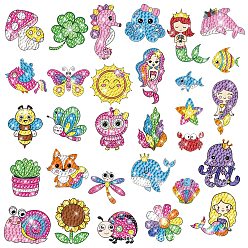 Mixed Color DIY Diamond Painting Sticker Kits, including Self Adhesive Sticker and Resin Rhinestones, Mermaid, Clover, Mushroom, Sun, Animal, etc, Mixed Color, 60~70mm, 30 patterns, 1pc/pattern, 30pcs