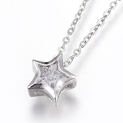 Stainless Steel Color 304 Stainless Steel Brass Cubic Zirconia Pendant Necklaces, Star, Clear, Stainless Steel Color, 17.8 inch(45.5cm), Pendant: 8x8x4mm