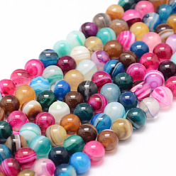 Colorful Natural Striped Agate/Banded Agate Bead Strands, Round, Grade A, Dyed & Heated, Colorful, 4mm, Hole: 1mm, about 95pcs/strand, 14.5 inch