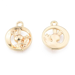 Real 18K Gold Plated Brass Charms, Cadmium Free & Nickel Free & Lead Free, Hollow, Flat Round with Rabbit, Real 18K Gold Plated, 14.5x12x2mm, Hole: 1.6mm