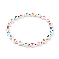 Colorful Heart Opaque Acrylic Beads Stretch Bracelet for Teen Girl Women, 304 Stainless Steel Beads Bracelet, Colorful, Inner Diameter: 2-1/8 inch(5.5cm)