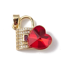 Red Real 18K Gold Plated Rack Plating Brass Micro Pave Clear Cubic Zirconia Pendants, with Glass, Long-Lasting Plated, Cadmium Free & Lead Free, Lock with Heart Charm, Red, 23x19x8mm, Hole: 5x3.2mm