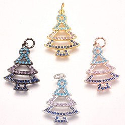 Mixed Color Brass Micro Pave Cubic Zirconia Pendants, Christmas Tree, Colorful, Mixed Color, 22x15x2mm, Hole: 3mm