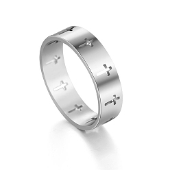 Stainless Steel Color Stainless Steel Cross Finger Ring, Hollow Ring for Men Women, Stainless Steel Color, US Size 11(20.6mm)