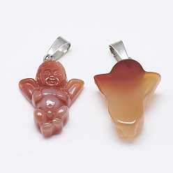 Carnelian Natural Carnelian/Red Agate Pendants, with Stainless Steel Snap On Bails, Angel, Platinum, 26~28x18~20x8~9mm, Hole: 7.5x4mm