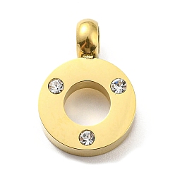Real 14K Gold Plated 304 Stainless Steel Pendants, with Rhinestone, Round Rings Charm, Real 14K Gold Plated, 18.5x13x3.5mm, Hole: 3.5mm