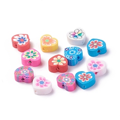 Mixed Color Handmade Polymer Clay Beads, Heart with Flower Pattern, Mixed Color, 7.5~10x8~10.5x4~5mm, Hole: 1.5mm