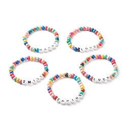 Mixed Color Acrylic Beads Letter Stretch Bracelets, Kids Bracelets, with Natural Wood Beads, Mixed Color, Inner Diameter: 1-7/8 inch(4.8cm)