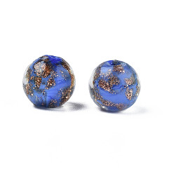 Bleu Royal Perles au chalumeau de sable d'or faites à la main , ronde, bleu royal, 9~10x9~10mm, Trou: 1.5mm