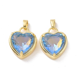 Light Sky Blue Glass Pendants, with Golden Plated Brass Findings, Cadmium Free & Lead Free, Heart, Light Sky Blue, 18x14.5x8mm, Hole: 4x6mm