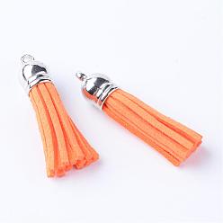Orange Foncé Faux suède pendentif pompon décorations, avec extrémités de cordon en plastique ccb, platine, orange foncé, 35~37x10mm, Trou: 1.8mm