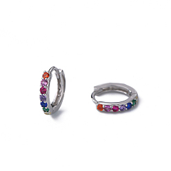 Platinum Colorful Cubic Zirconia Hinge Hoop Earrings, Brass Jewelry for Women, Platinum, 12mm