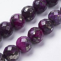 Dark Violet Natural Pyrite Beads Strands, Dyed, Round, Faceted, Dark Violet, 10~11x10~11mm, Hole: 1.5mm, about 19pcs/strand, 7.8 inch(20cm)